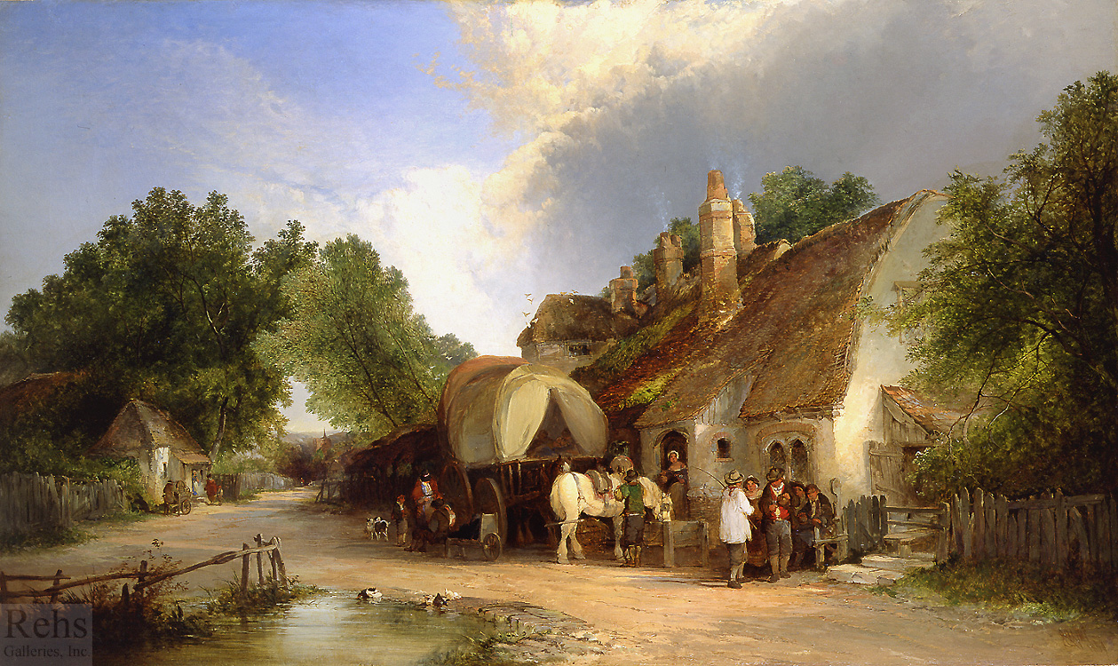 The Old Roadside Inn by Edward Charles Williams - 29 1/2 x 50 inches Signed british victorian country village landscape genre figures horses 