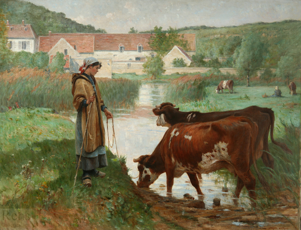 Paysanne aux vaches a la mare - Adrien Moreau
