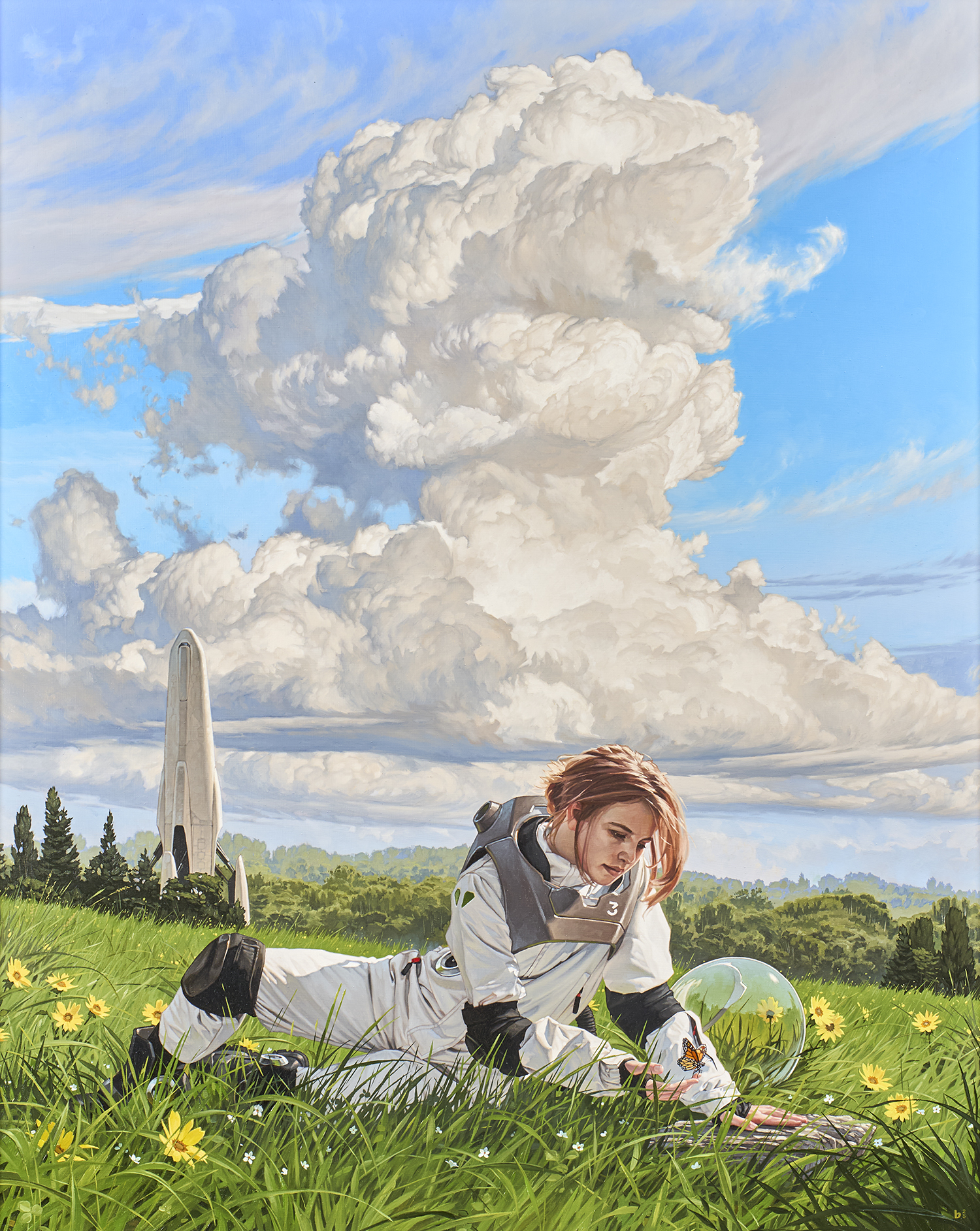 Alma Mater by Bryan Larsen — Oil painting depicting a contemplative child figure set within a futuristic architectural environment, blending classical realism with a vision of learning, curiosity, and a hopeful future.