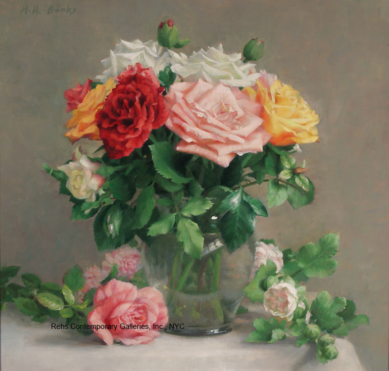 Roses and a Double Hollyhock - Holly Hope Banks