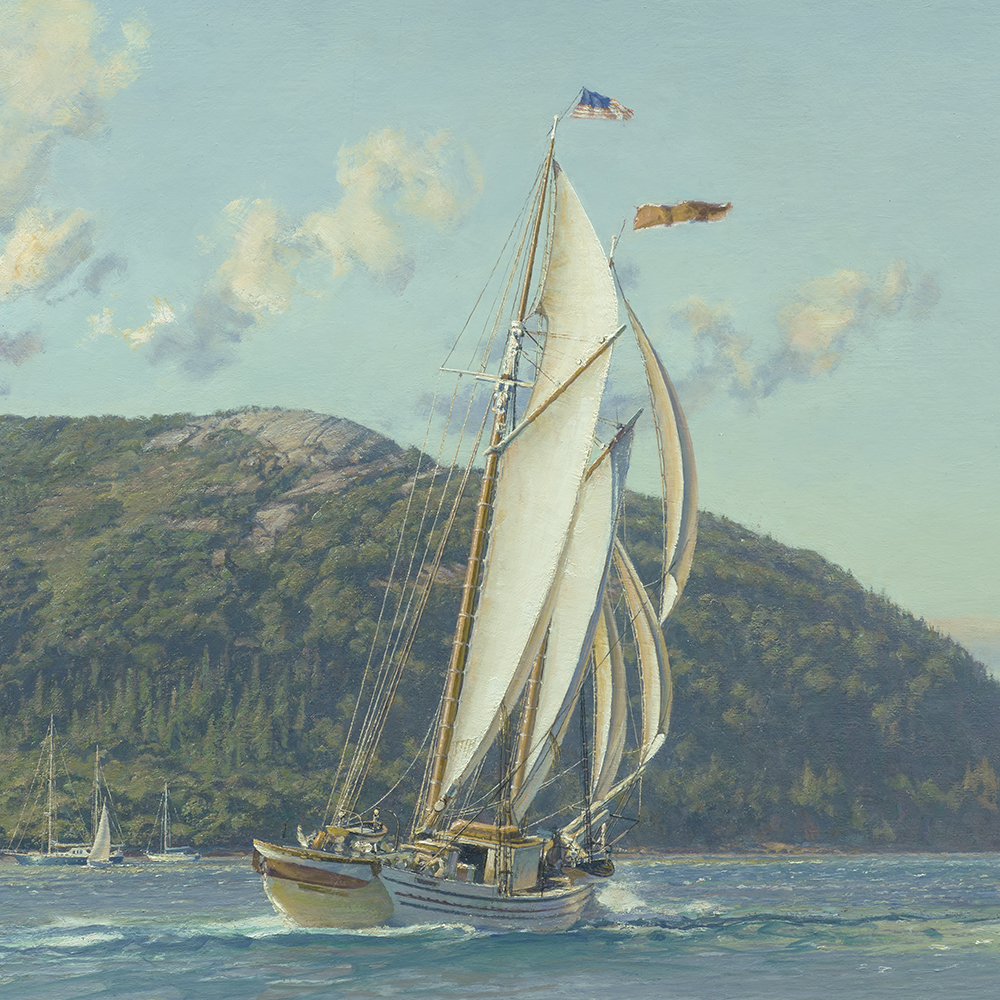 Schooner Heritage Sailing North Through Somes Sound Above Camden Maine - John Stobart