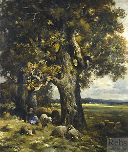 A Shepherdess Resting with Her Flock - Jacque, Charles Emile