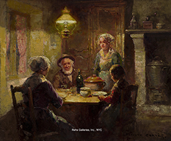 Le repas du soir, effet de lampe - Edouard Léon Cortès