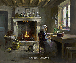 Paysanne et son chat dans un intérieur - Edouard Léon Cortès