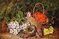 Basket of Primula Flowers & a Bird