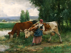 Femme et vaches par l\'eau - Dupré Julien