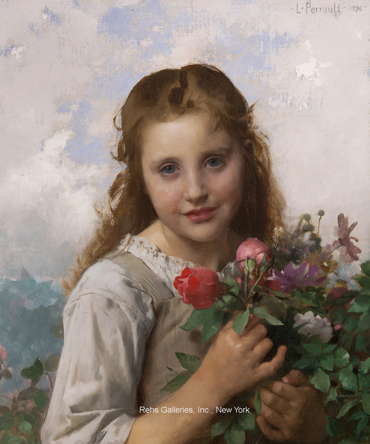 Petite fille au bouquet de fleurs - Perrault Leon Jean Bazile