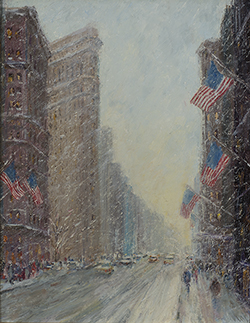 Flatiron in Snow (5th Ave & 28th Street Looking South, NYC) - Daly Mark