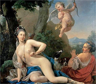 A naked woman with Cupid, dogs and another woman in a landscape