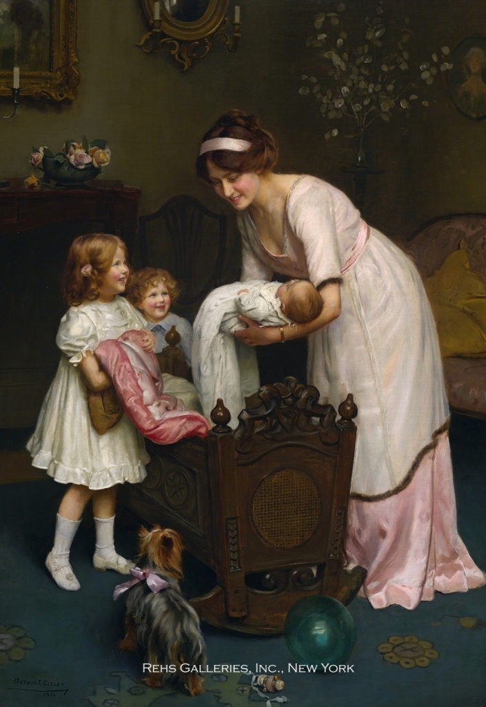 a mother putting a baby in a crib with her other children standing nearby