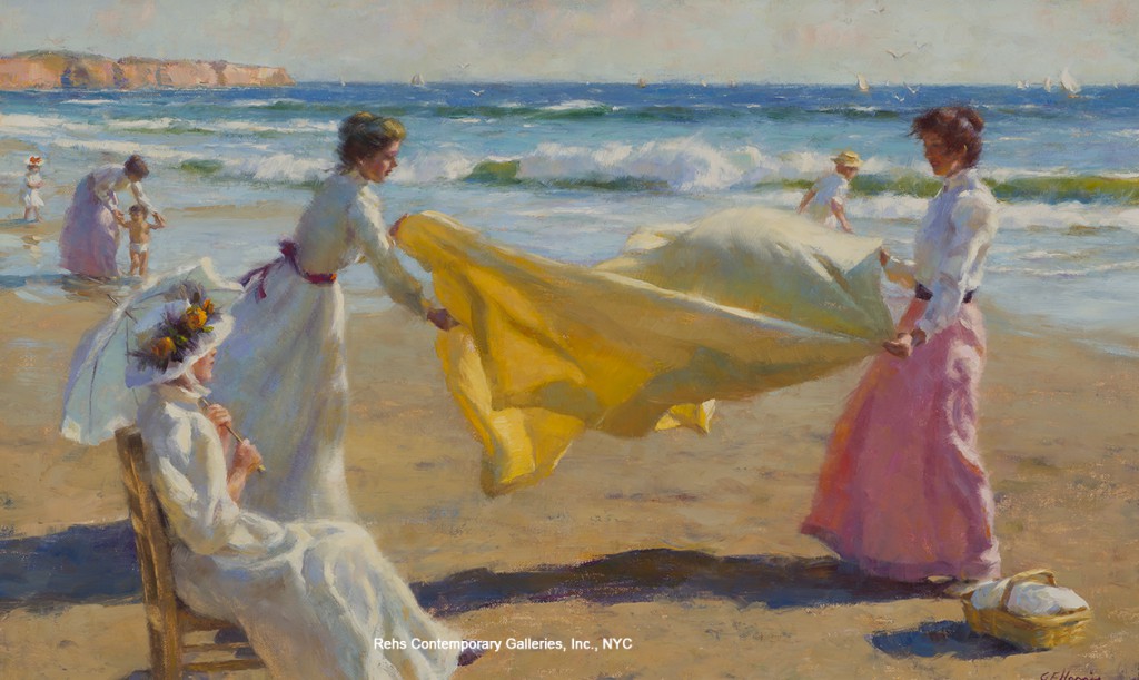 Women elegantly dressed on a beach