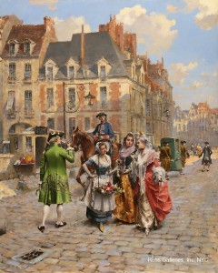 men and women on a cobblestone street with a flower seller.