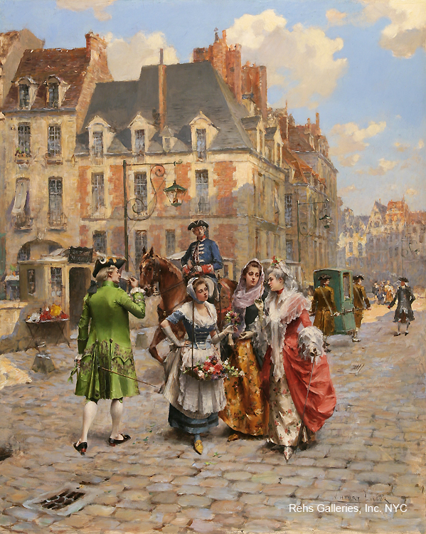Elegant women and men on a cobble stone street with a flower seller in a painting titled Marchands des Fleurs
