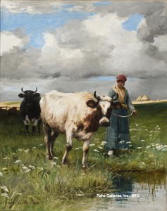 A woman with several cows in a landscape by Julien Dupré