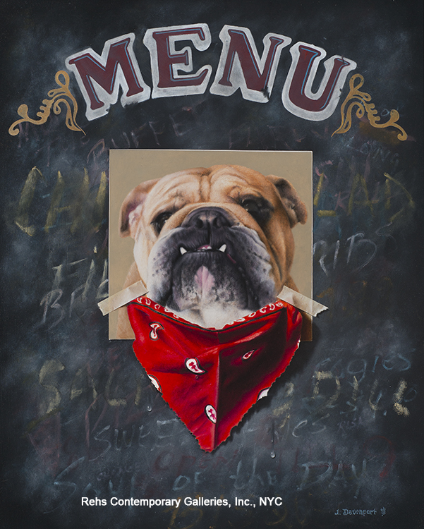 A painting with the word menu and a dogs head