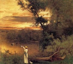 a landscape painting with a woman standing near a river by George Inness