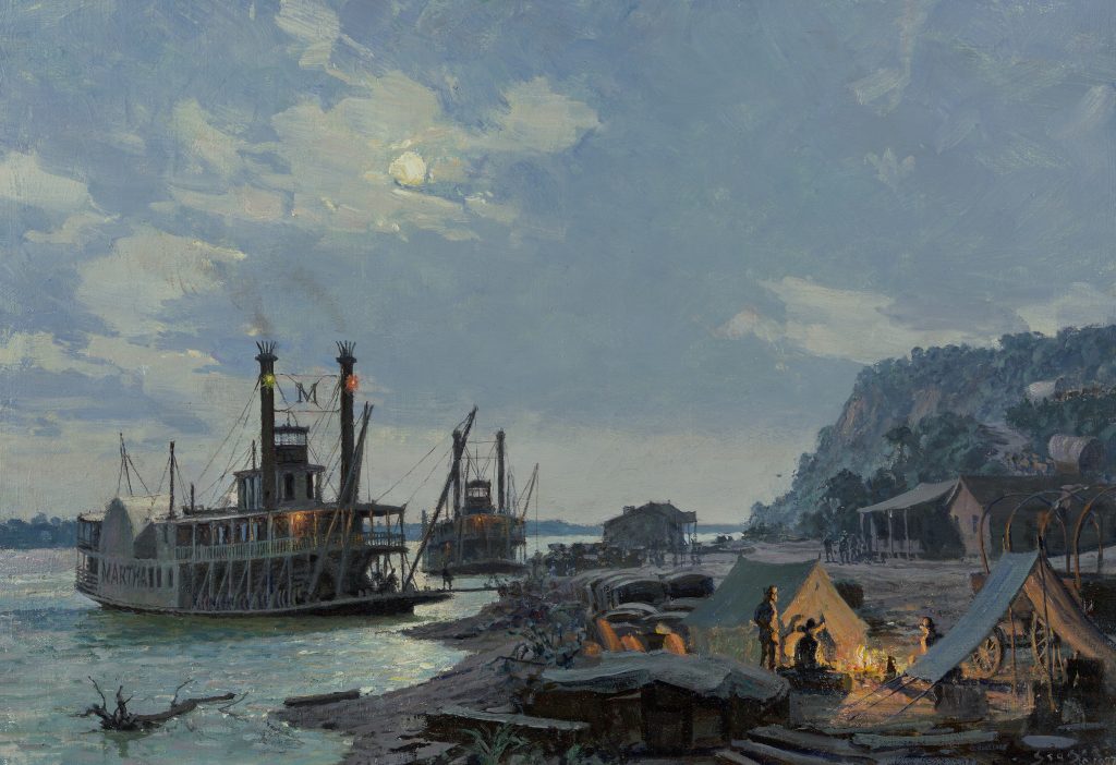 A painting of a night on the Missouri River with paddleboats near the shore unloading supplies.