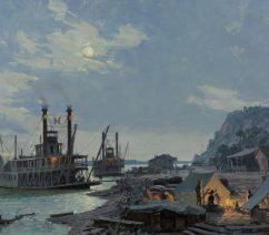 A painting of a night on the Missouri River with paddleboats near the shore unloading supplies.