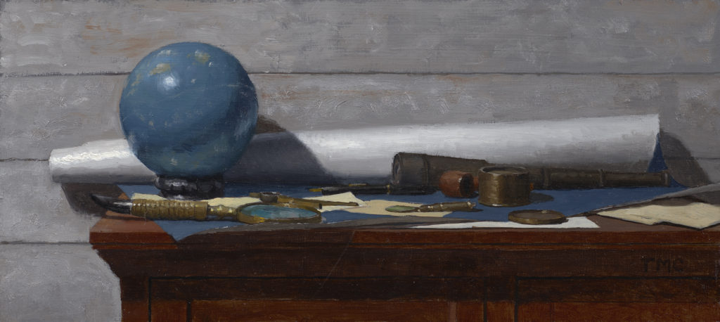 Blue Globe with Blueprint Study oil on Panel art by Todd M. Casey