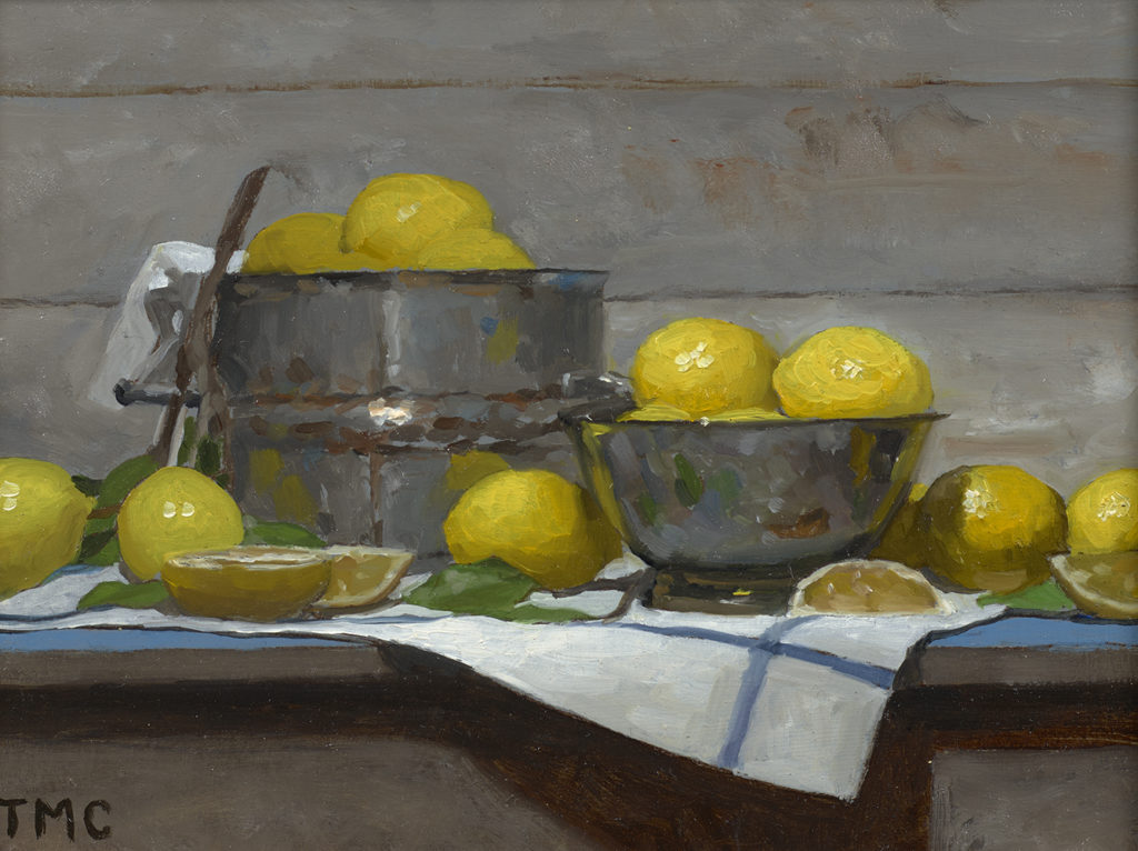 Country Lemons and Silver Bowl oil on Panel art by Todd M. Casey
