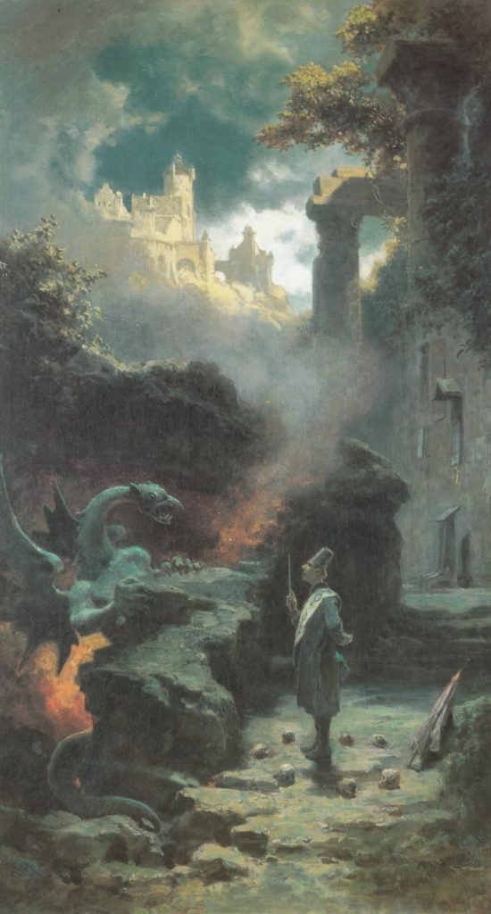man and dragon in a landscape