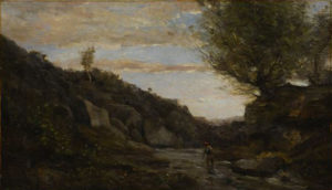 dark landscape with water and hills