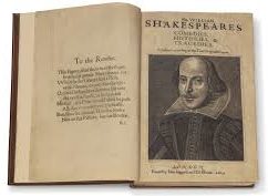 shakespeare's first folio, a collection of writings by shakespeare in book form