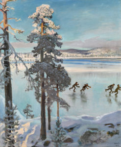 winter landscape with skaters on a frozen river