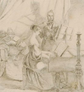 drawing of figures playing instruments