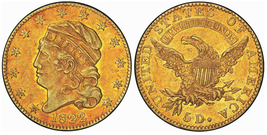 1822 gold $5 half eagle coin