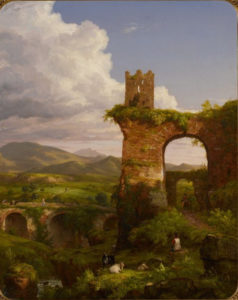 landscape with ruins, cows and people