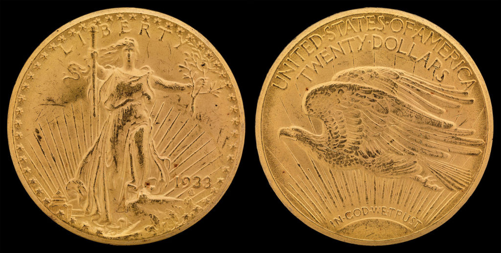 United States Double Eagle twenty dollar gold coin minted in 1933