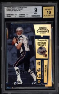 2000 Playoff Contenders Championship Rookie Ticket card, with Brady's autograph, received a Mint 9 grade, with a perfect 10 for the signature
