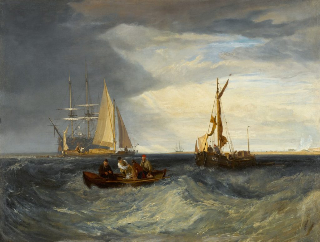 marine painting featuring ships in a rough sea