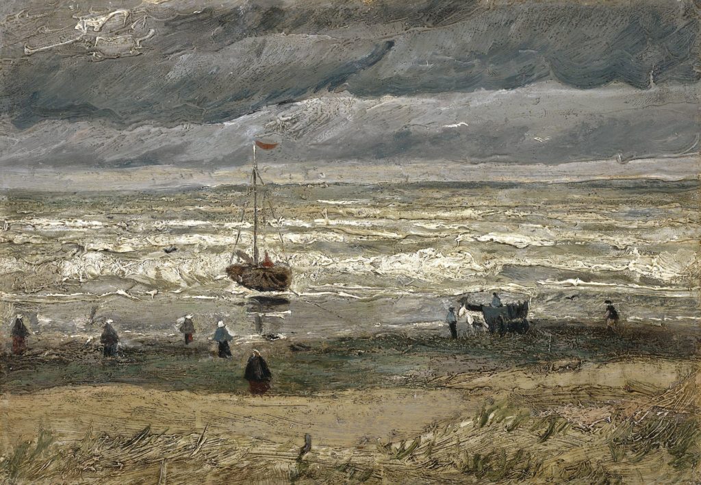 a beach scene with figures and boats