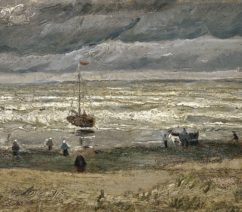 a beach scene with figures and boats