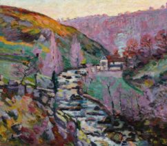 a colorful river landscape