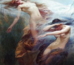 three nude woman floating in the sky