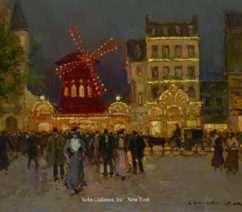 an view of the Moulin Rouge in the evening