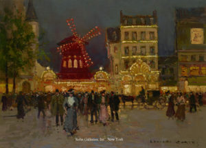 an view of the Moulin Rouge in the evening