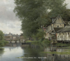 a river landscape with houses and figures