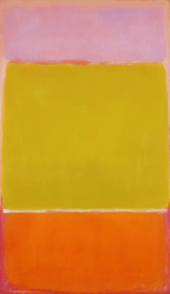 a painting with pink, red and yellow