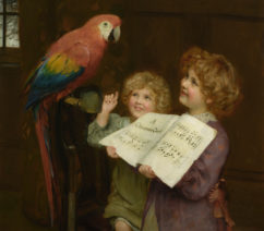 Two young girls teaching a parrot to sing A Christmas Carol - Arthur John Elsley - The Singing Lesson