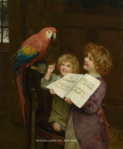 Two young girls teaching a parrot to sing A Christmas Carol - Arthur John Elsley - The Singing Lesson - British Victorian Art