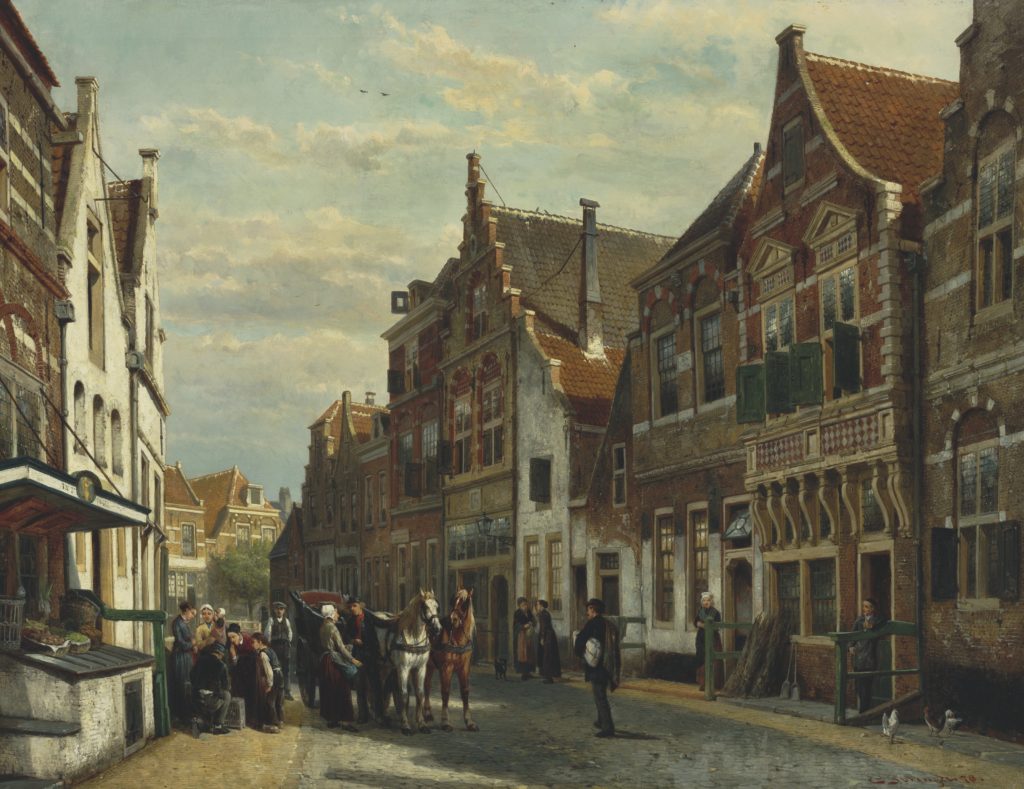 Dutch Romantic artist Cornelius Springer titled The Wijdstraat, Oudewater, in Summer