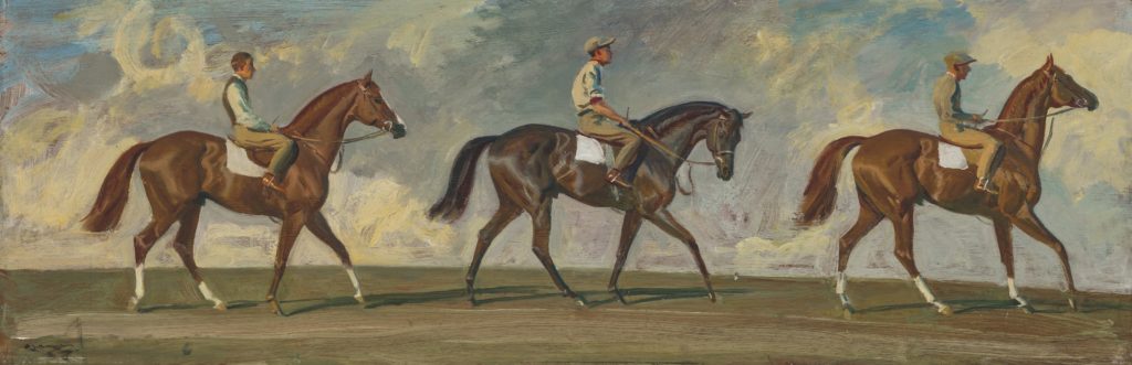 three horse and riders - Alfred Munnings’ The Queen's Horses: 'Corporal', 'Biscuit' and 'Aureole' - British and European Art