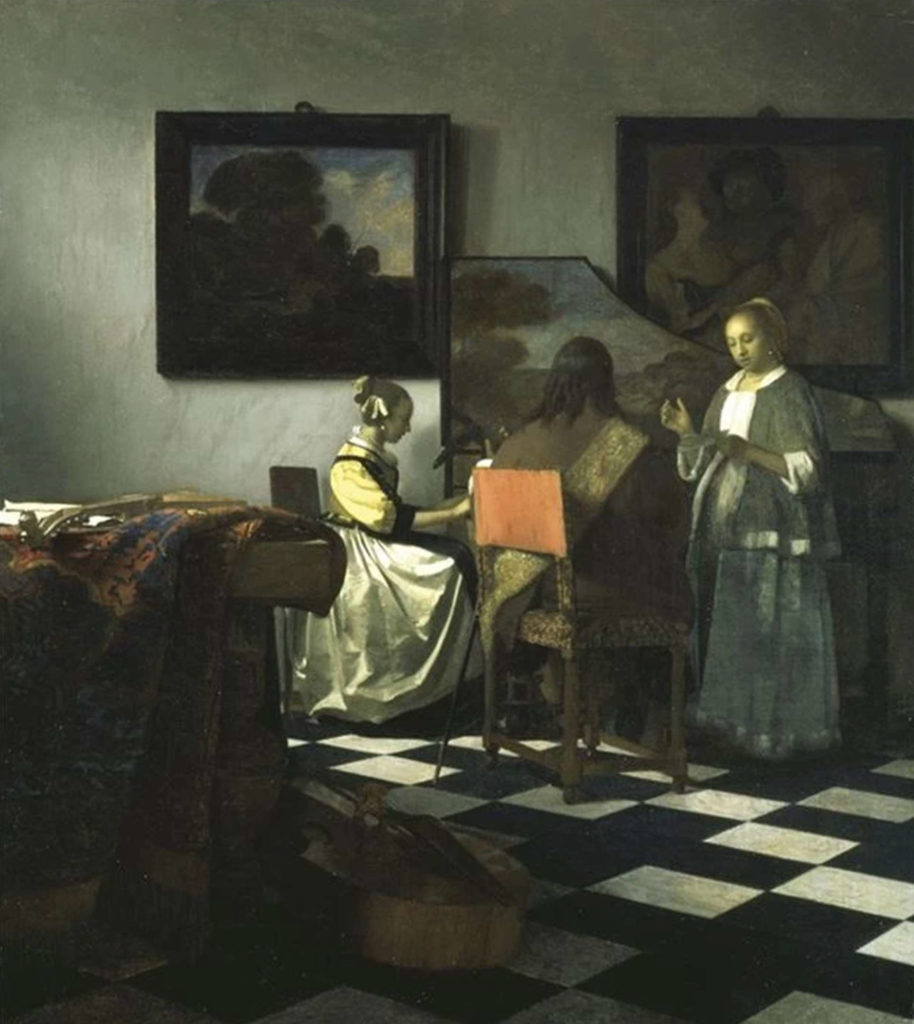 Interior with a woman playing the piano and two other people singing and playing music - Vermeer - The Concert - Gardner Museum