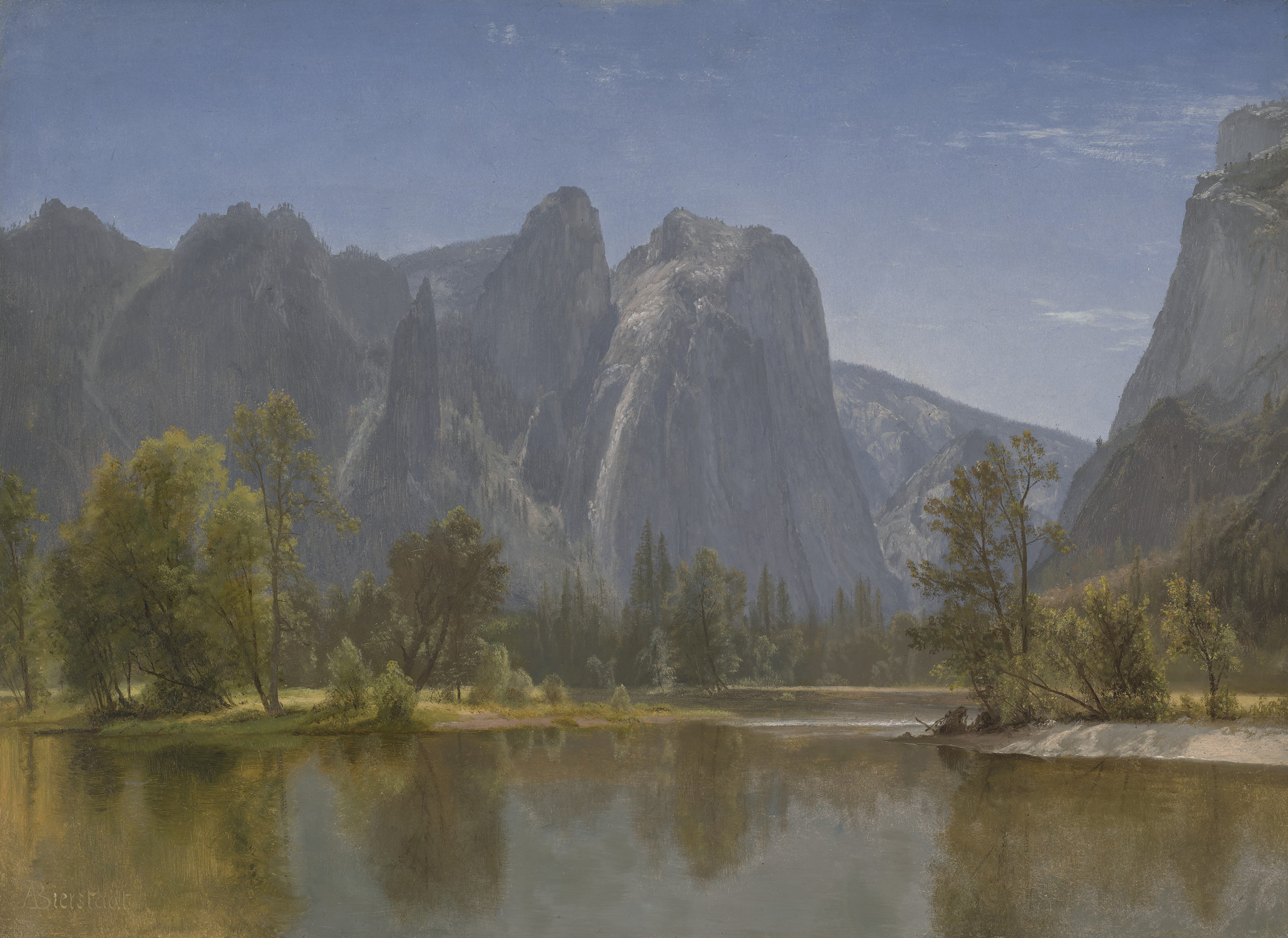 a landscape with water and mountains - Albert Bierstadt’s In the Yosemite - American Art