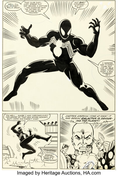 a black and white page from the 1984 comic book Spiderman - Spider-Man spins his way to a new auction record