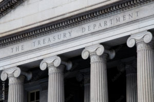 The facade of the US Treasury building